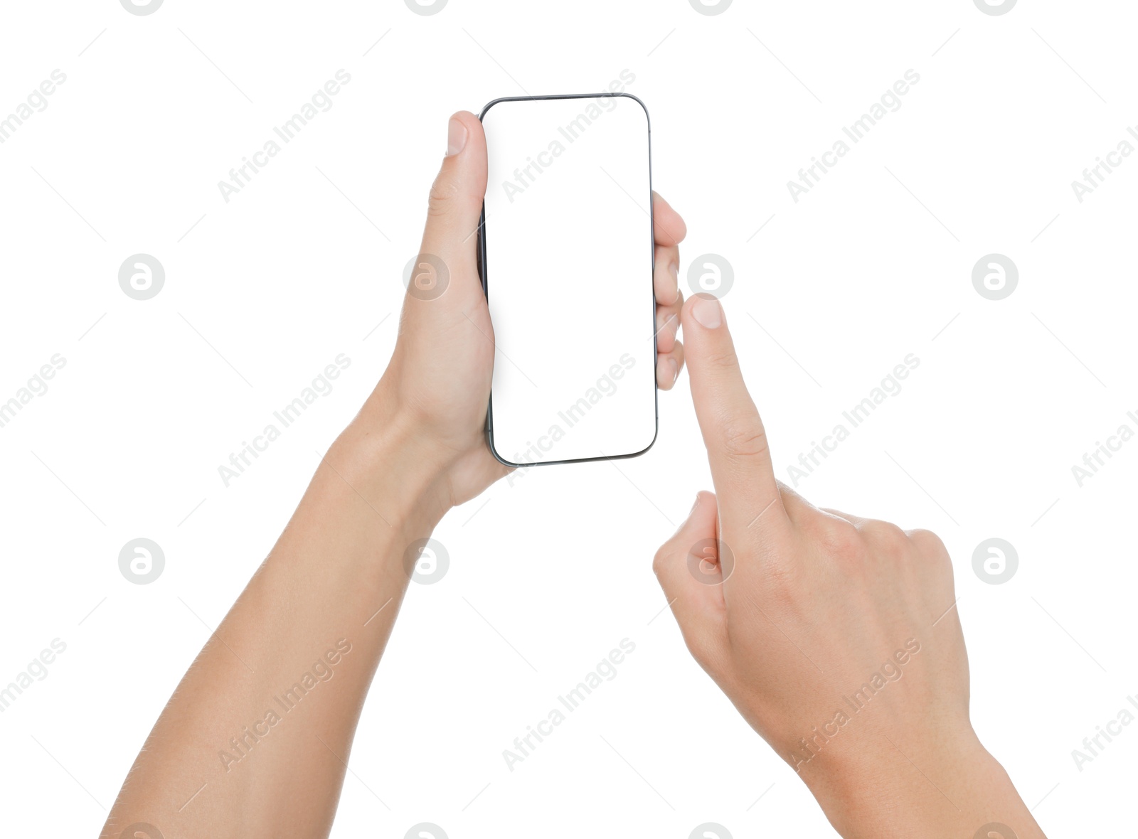 Man with modern smartphone on white background, closeup. Mockup for design Photo of Man with modern smartphone on white background, closeup. Mockup for design