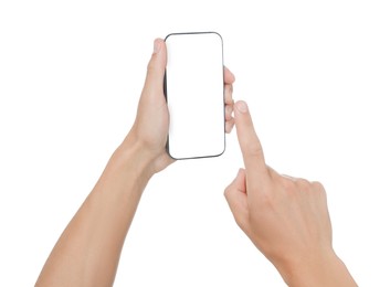 Photo of Man with modern smartphone on white background, closeup. Mockup for design