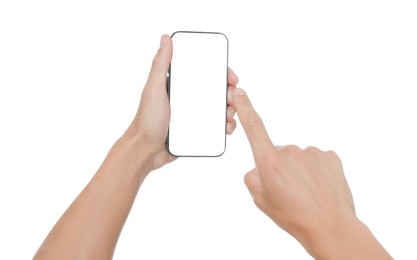Photo of Man with modern smartphone on white background, closeup. Mockup for design