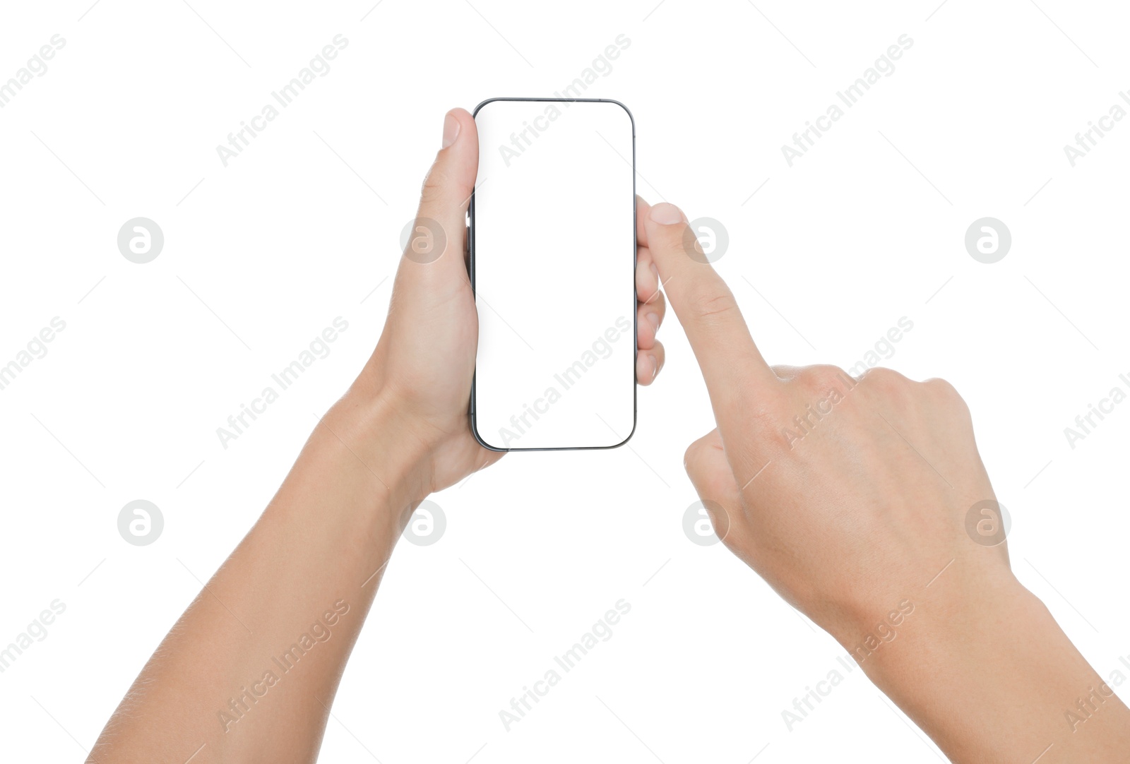 Man with modern smartphone on white background, closeup. Mockup for design Photo of Man with modern smartphone on white background, closeup. Mockup for design