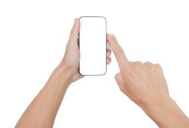 Photo of Man with modern smartphone on white background, closeup. Mockup for design