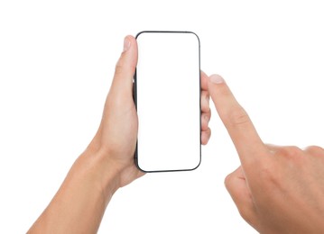 Photo of Man with modern smartphone on white background, closeup. Mockup for design