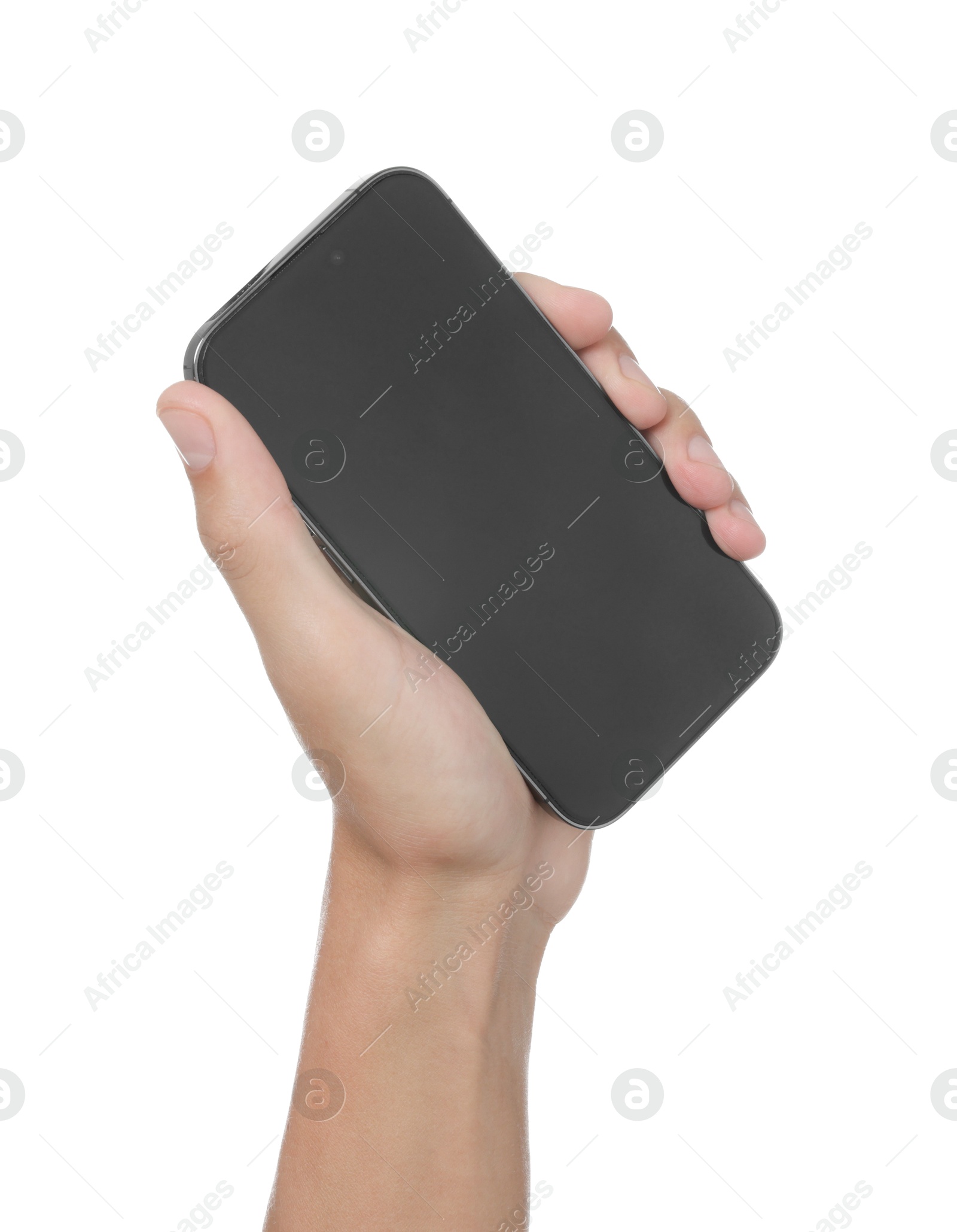 Man with modern smartphone on white background, closeup. Mockup for design Photo of Man with modern smartphone on white background, closeup. Mockup for design