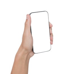 Photo of Man with modern smartphone on white background, closeup. Mockup for design