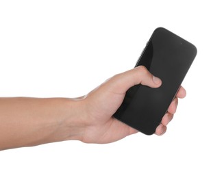 Photo of Man with modern smartphone on white background, closeup. Mockup for design