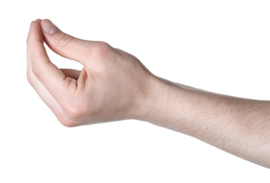 Photo of Man holding something in hand on white background, closeup