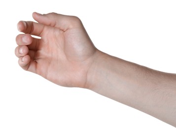 Photo of Man holding something in hand on white background, closeup