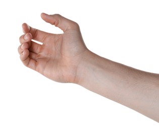 Photo of Man holding something in hand on white background, closeup