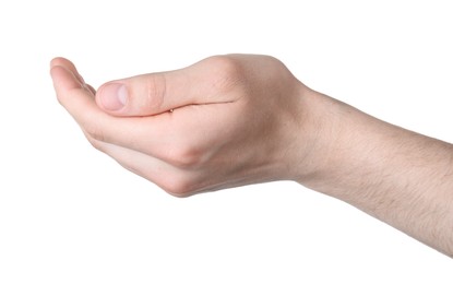 Photo of Man holding something in hand on white background, closeup