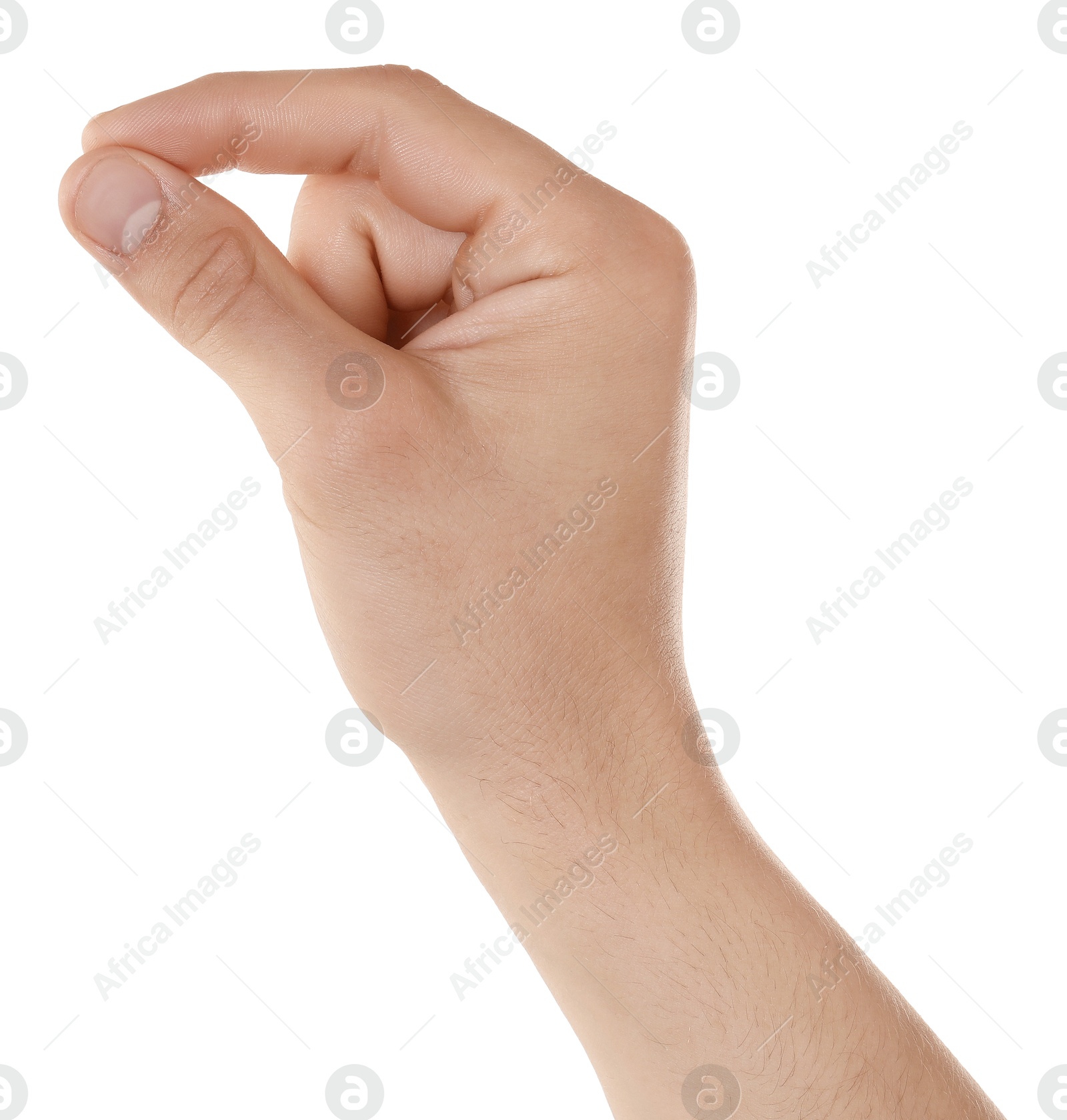 Man holding something in hand on white background, closeup Photo of Man holding something in hand on white background, closeup