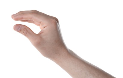 Photo of Man holding something in hand on white background, closeup