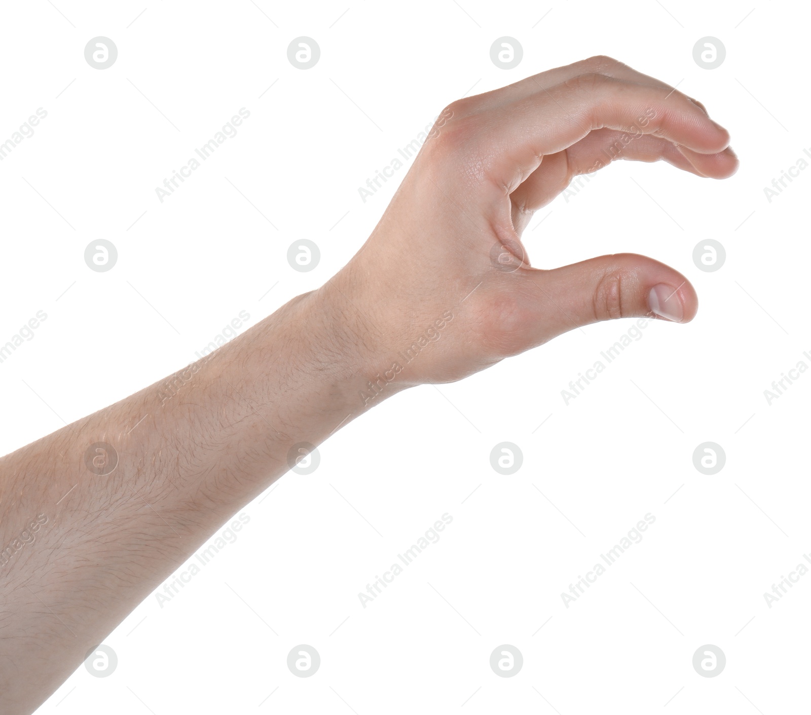 Man holding something in hand on white background, closeup Photo of Man holding something in hand on white background, closeup