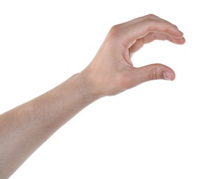 Photo of Man holding something in hand on white background, closeup