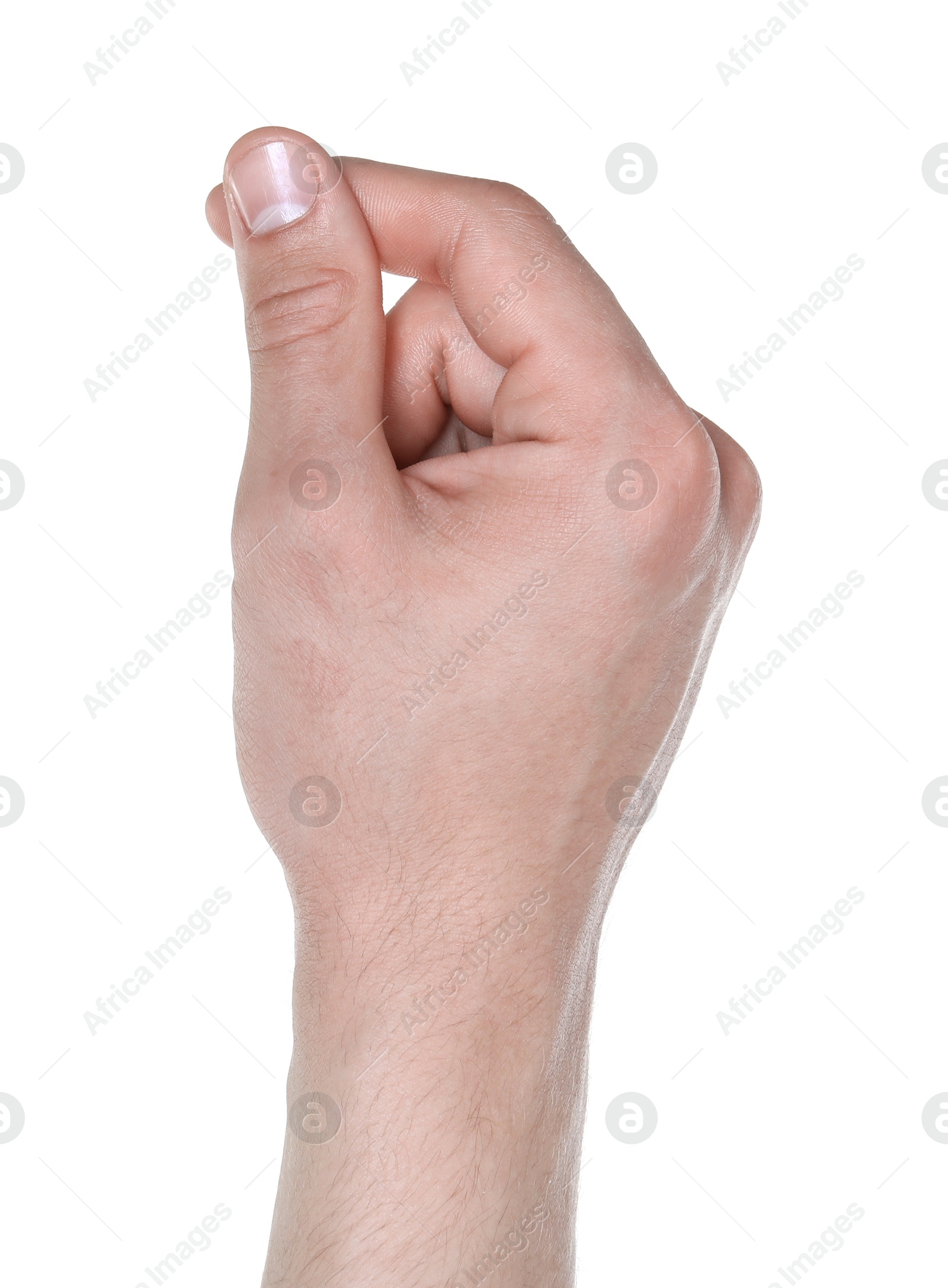 Man holding something in hand on white background, closeup Photo of Man holding something in hand on white background, closeup
