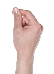 Photo of Man holding something in hand on white background, closeup