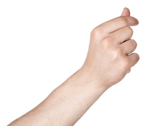 Photo of Man holding something in hand on white background, closeup