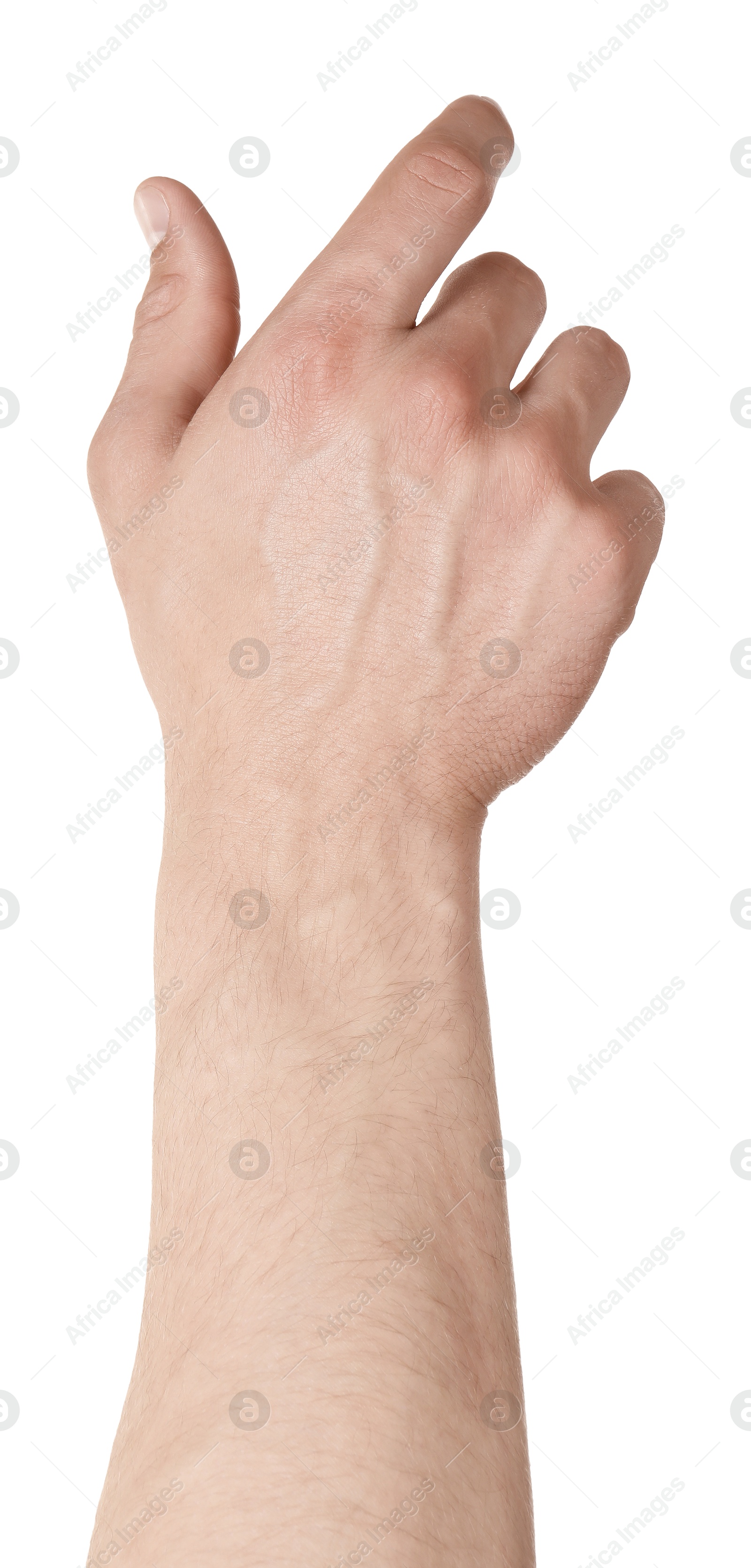 Man holding something in hand on white background, closeup Photo of Man holding something in hand on white background, closeup