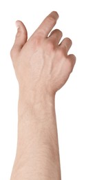 Photo of Man holding something in hand on white background, closeup