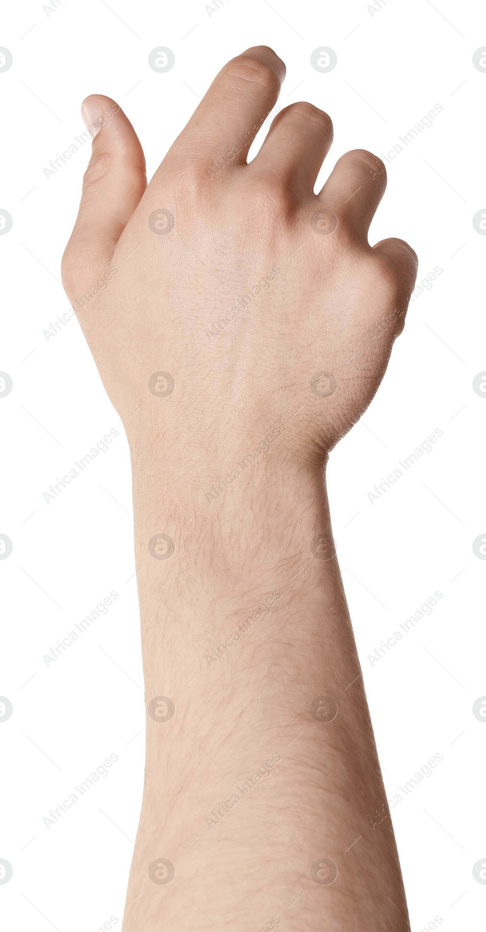 Man holding something in hand on white background, closeup Photo of Man holding something in hand on white background, closeup