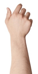 Photo of Man holding something in hand on white background, closeup