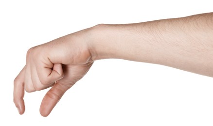 Photo of Man holding something in hand on white background, closeup