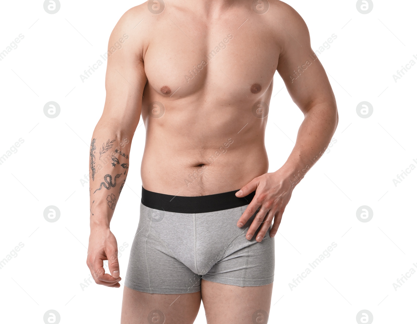 Young man in stylish light grey underwear on white background, closeup Photo of Young man in stylish light grey underwear on white background, closeup