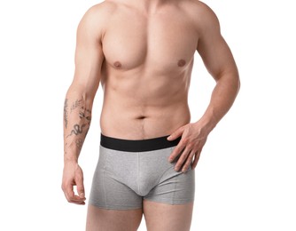 Photo of Young man in stylish light grey underwear on white background, closeup