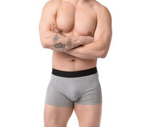 Photo of Young man in stylish light grey underwear on white background, closeup