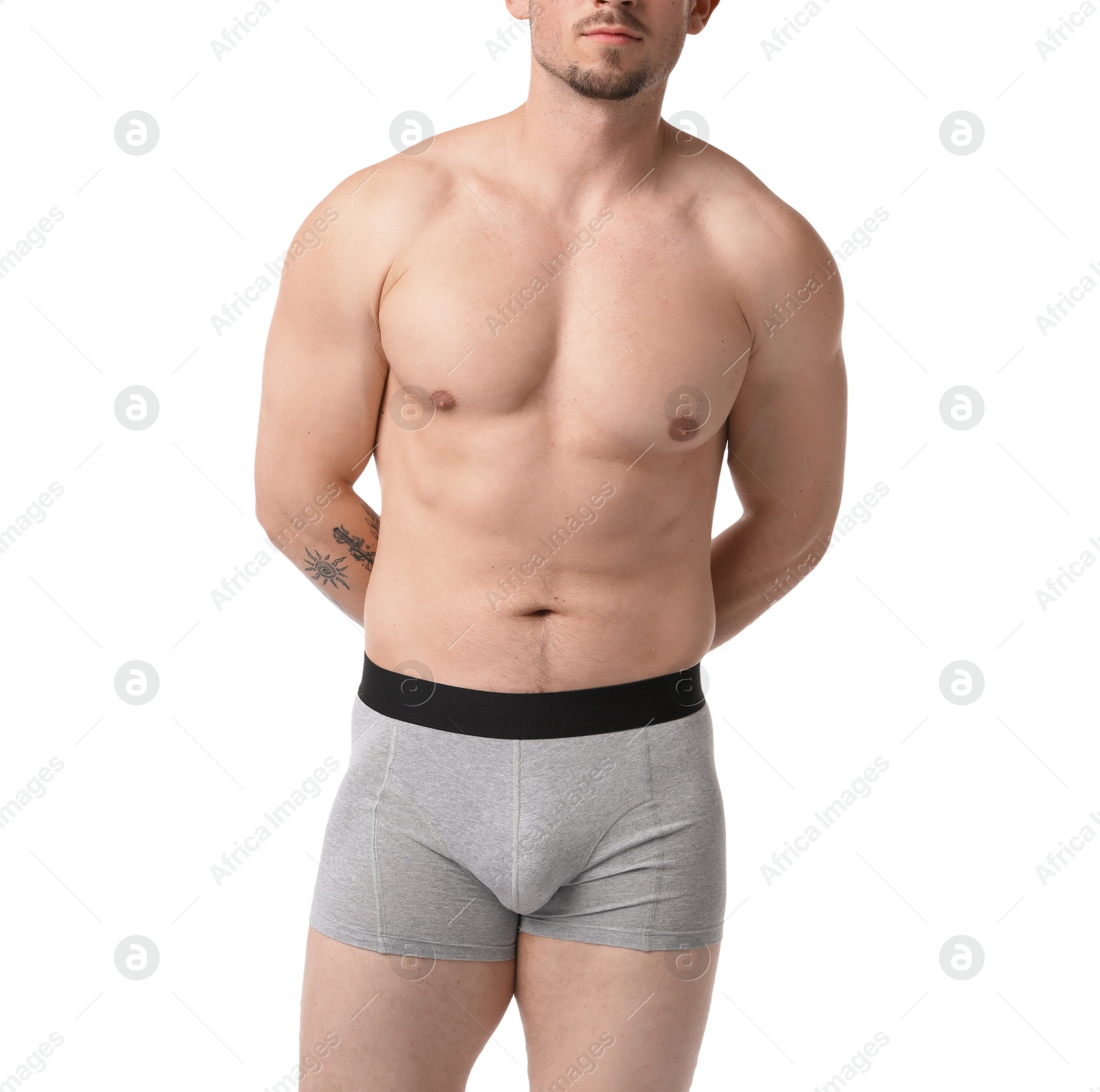 Young man in stylish light grey underwear on white background, closeup Photo of Young man in stylish light grey underwear on white background, closeup