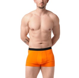 Photo of Young man in stylish orange underwear on white background, closeup
