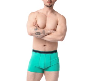 Photo of Young man in stylish turquoise underwear on white background, closeup