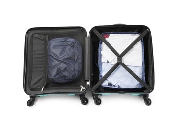 Photo of Open suitcase with packing cubes isolated on white, top view
