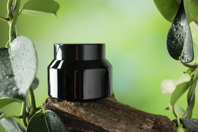 Photo of Jar of body cream on tree branch against blurred background, closeup