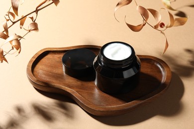 Photo of Jar of body cream and dry branches on beige background, closeup