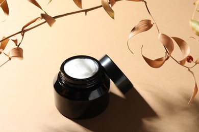 Photo of Jar of body cream and dry branches on beige background