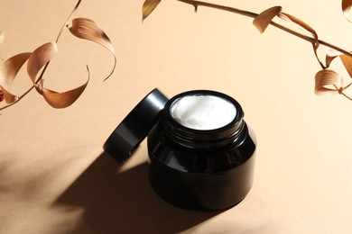 Photo of Jar of body cream and dry branches on beige background