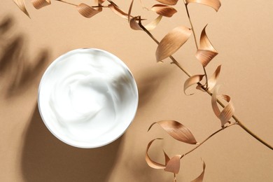 Photo of Jar of body cream and dry branches on beige background, top view