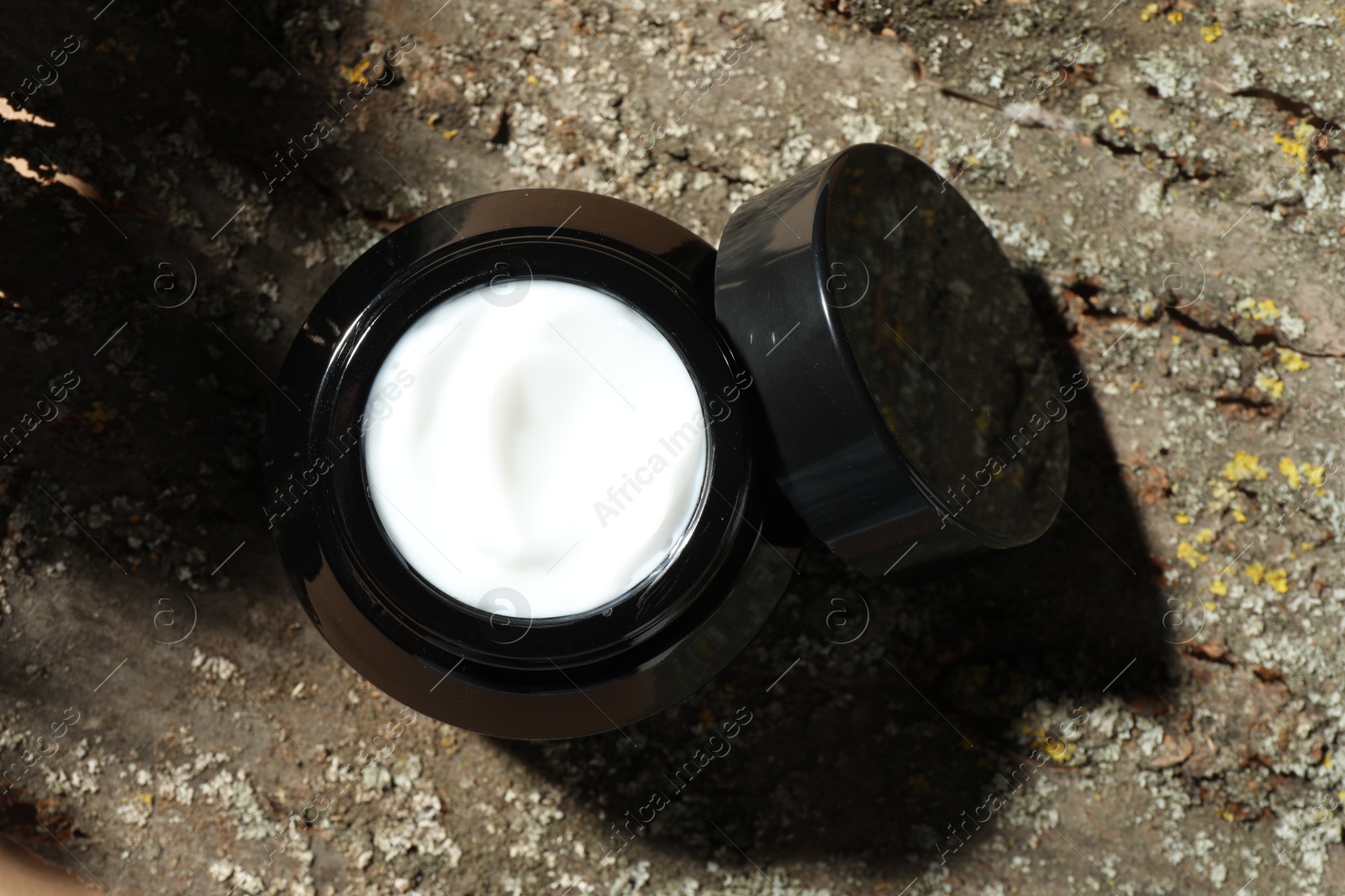 Jar of body cream on tree bark, top view Photo of Jar of body cream on tree bark, top view
