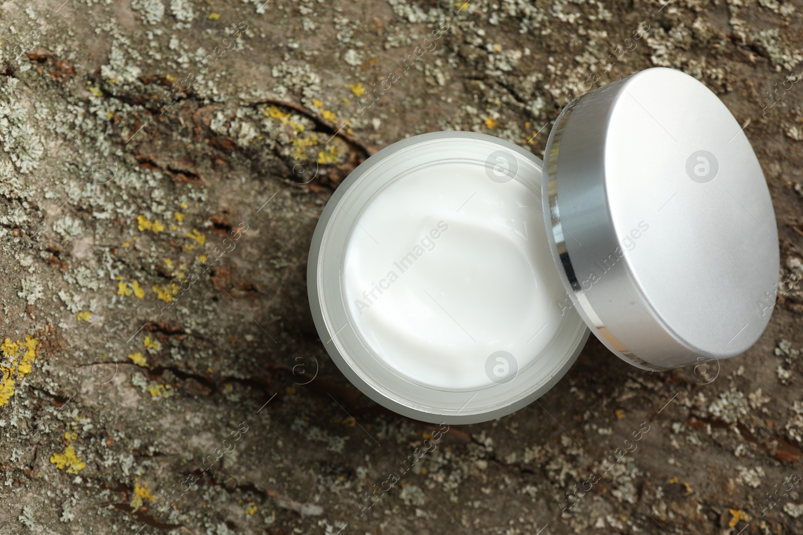 Jar of body cream on tree bark, top view. Space for text Photo of Jar of body cream on tree bark, top view. Space for text