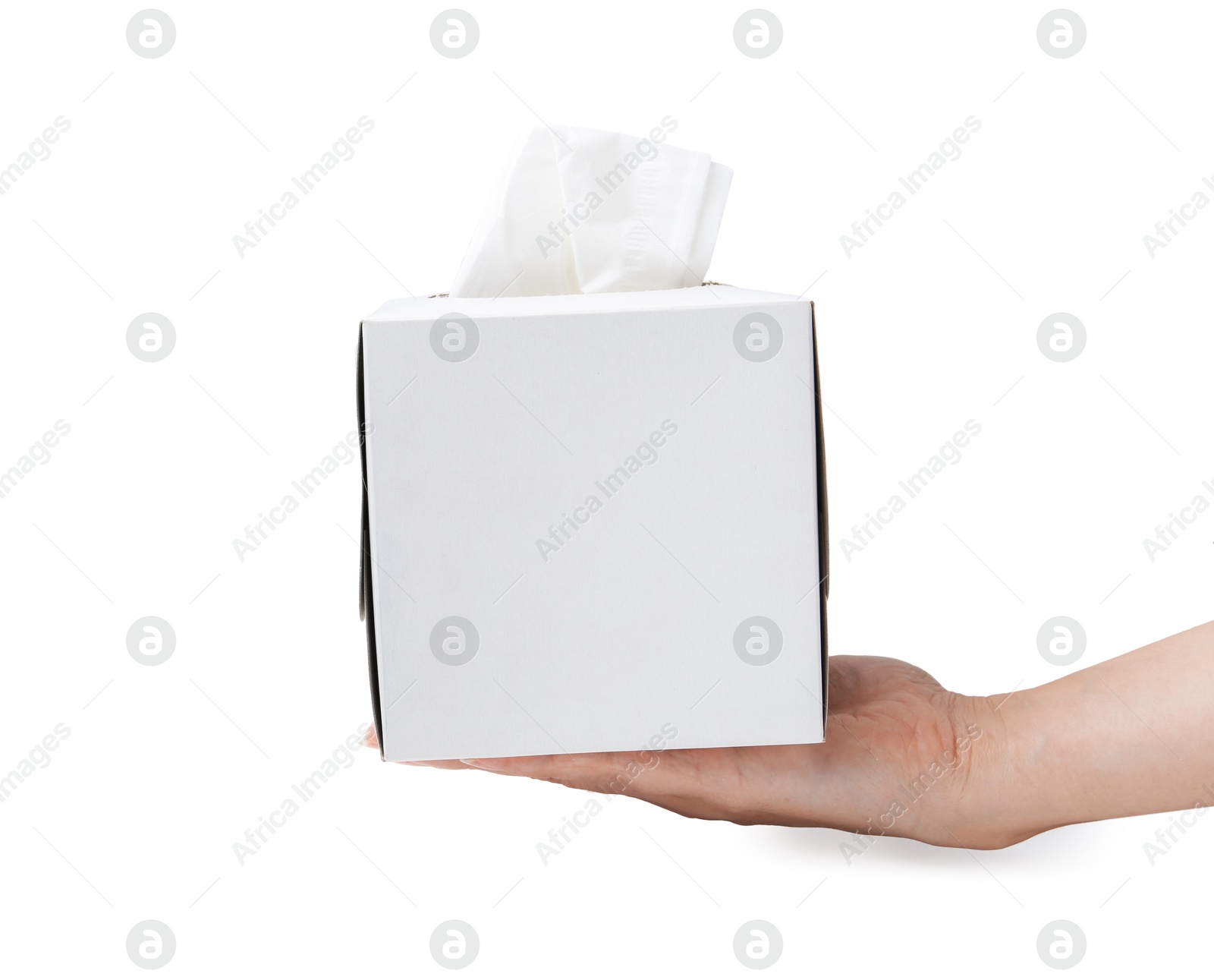 Woman with box of handkerchiefs on white background, closeup Photo of Woman with box of handkerchiefs on white background, closeup
