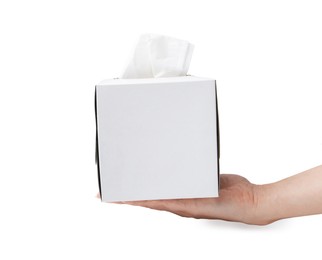 Photo of Woman with box of handkerchiefs on white background, closeup