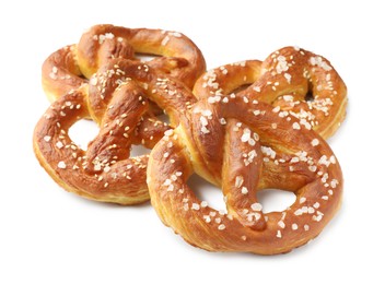 Photo of Tasty pretzels with salt isolated on white