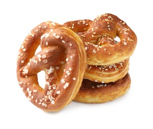 Photo of Tasty pretzels with salt isolated on white