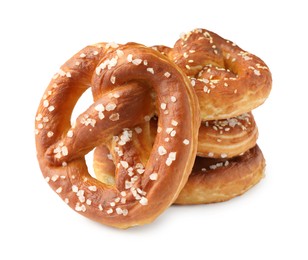 Photo of Tasty pretzels with salt isolated on white