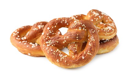 Photo of Tasty pretzels with salt isolated on white