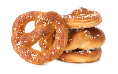 Photo of Tasty pretzels with salt isolated on white