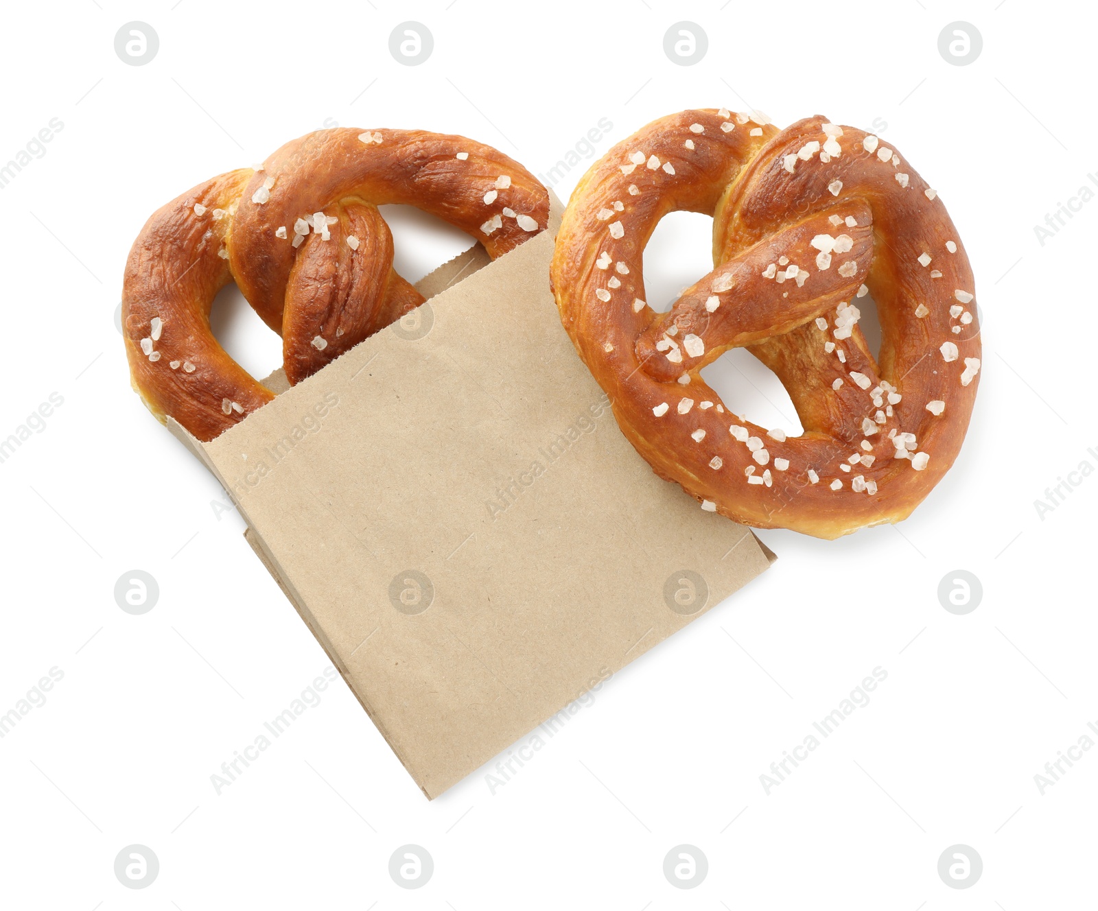 Tasty pretzels with salt isolated on white, top view Photo of Tasty pretzels with salt isolated on white, top view
