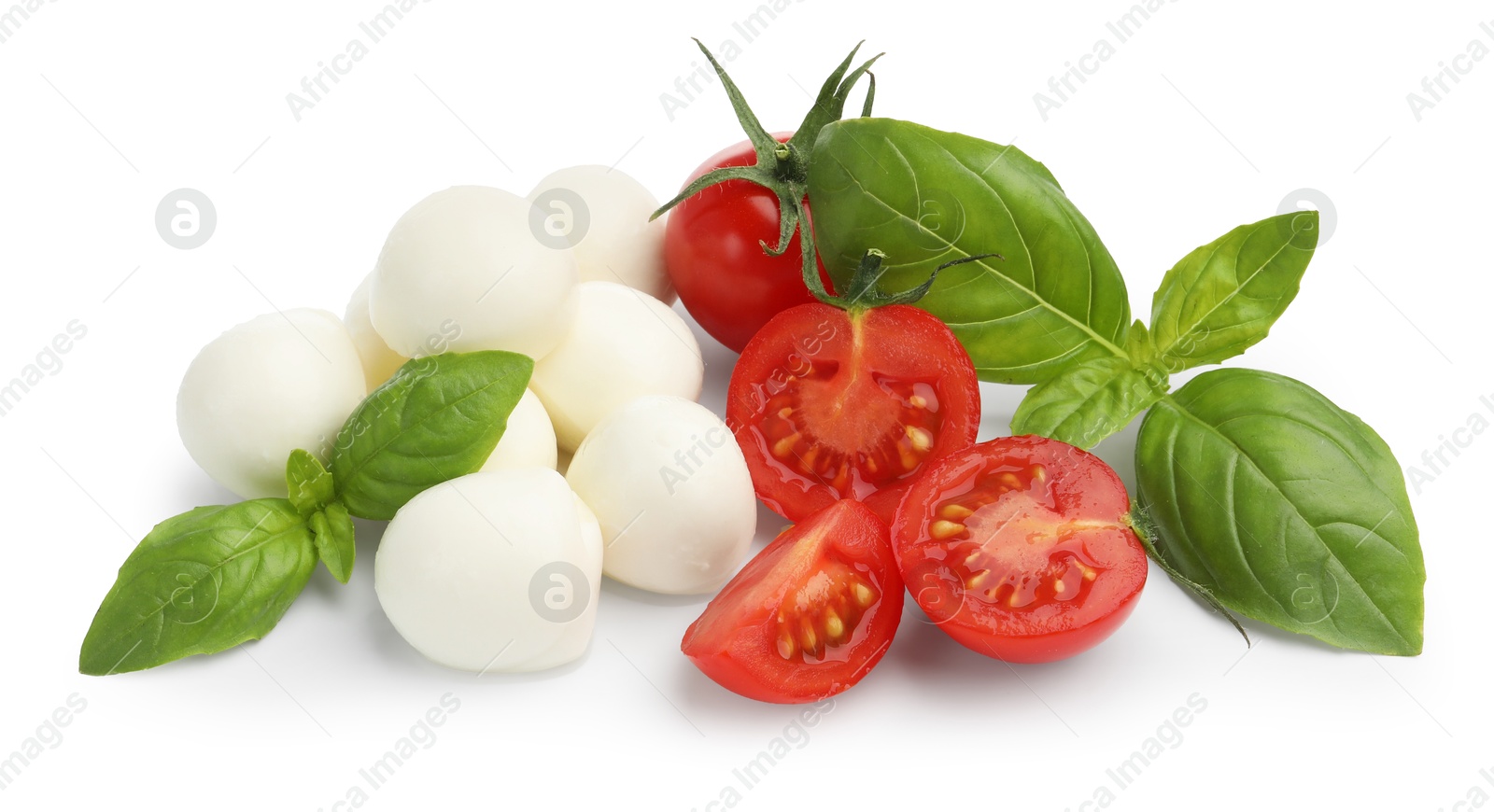 Tasty mozzarella cheese balls, tomatoes and basil isolated on white, above view Photo of Tasty mozzarella cheese balls, tomatoes and basil isolated on white, above view