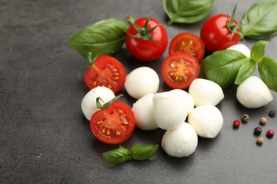 Photo of Mozzarella cheese, tomatoes, basil and peppercorns on grey table, closeup