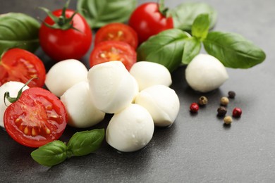 Photo of Mozzarella cheese, tomatoes, basil and peppercorns on grey table, closeup